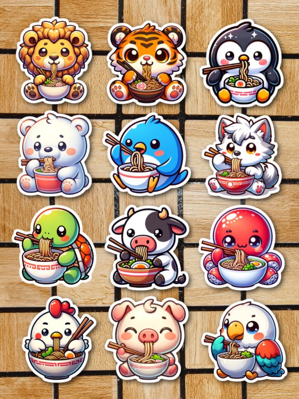Animals Eating Ramen Sticker Pack of 12 Vinyl Stickers Waterproof Sticker Set